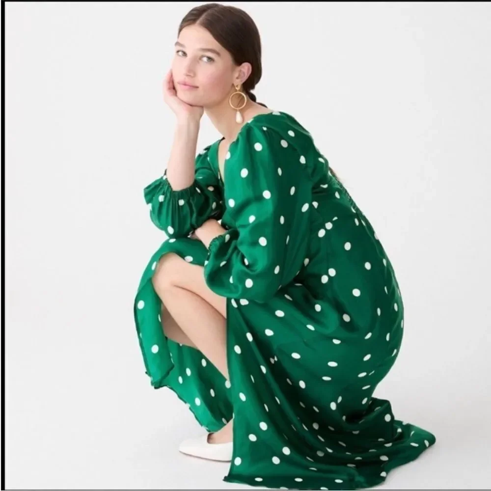 J Crew Midi Dress Women's Green White Polka Dot Long Sleeve  Sweetheart Sz 4